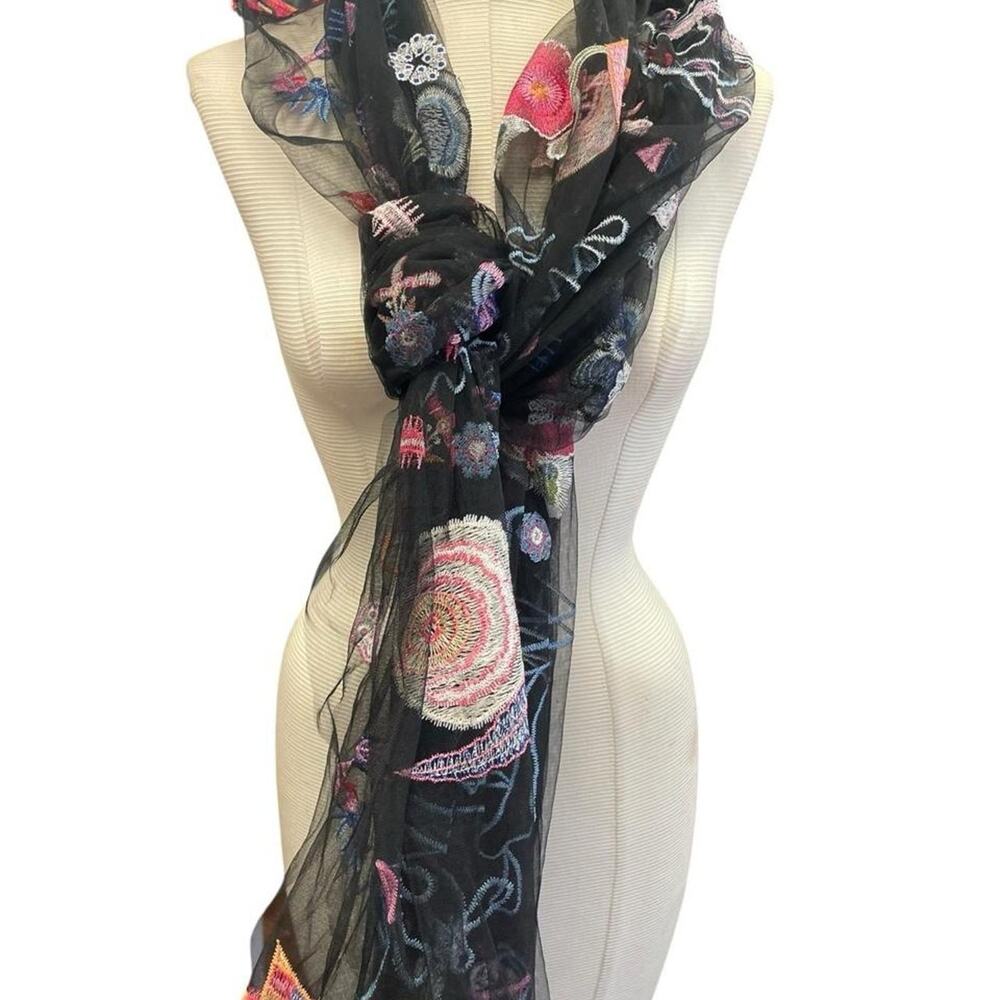 Black sheer scarf with embroidered